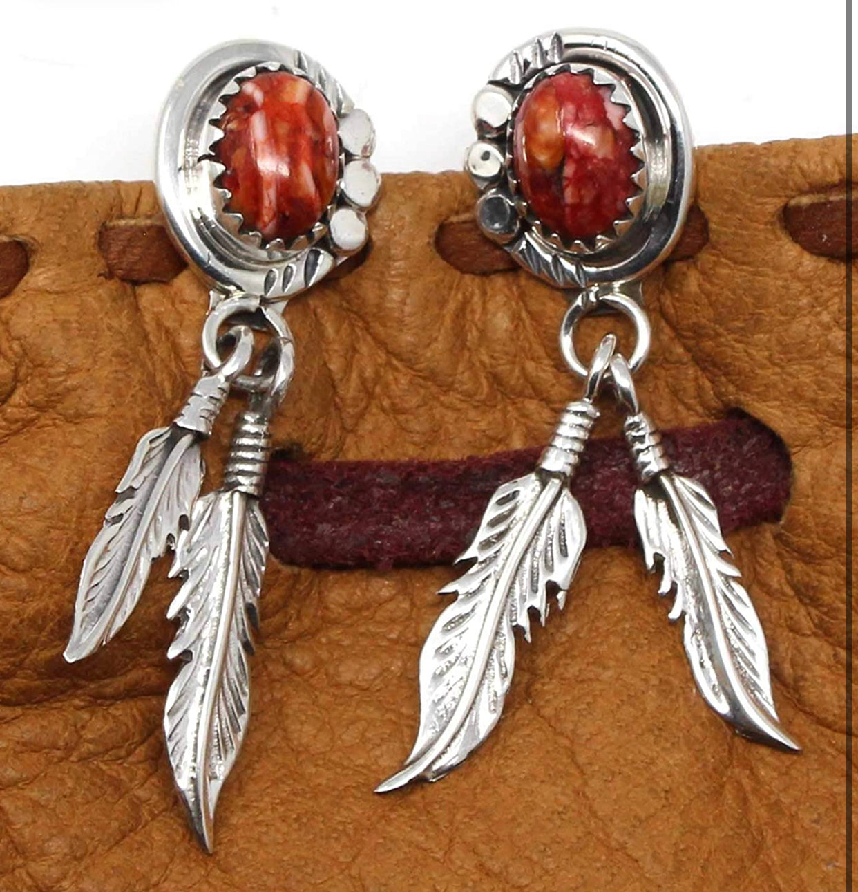 Navajo 925 sterling silver red spiny oyster feather drop earrings