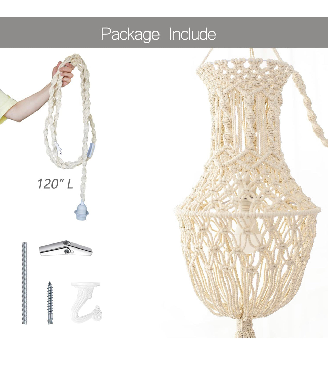 Macrame chandelier Boho Bedroom Hanging Lamp Shades with Plug in Cord