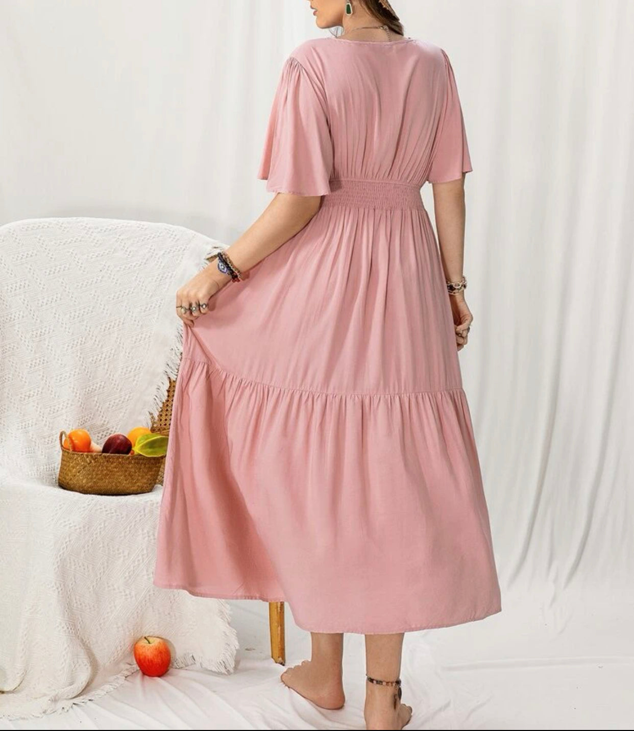 Curve & plus floral embroidered butterfly sleeve shirred waist dress