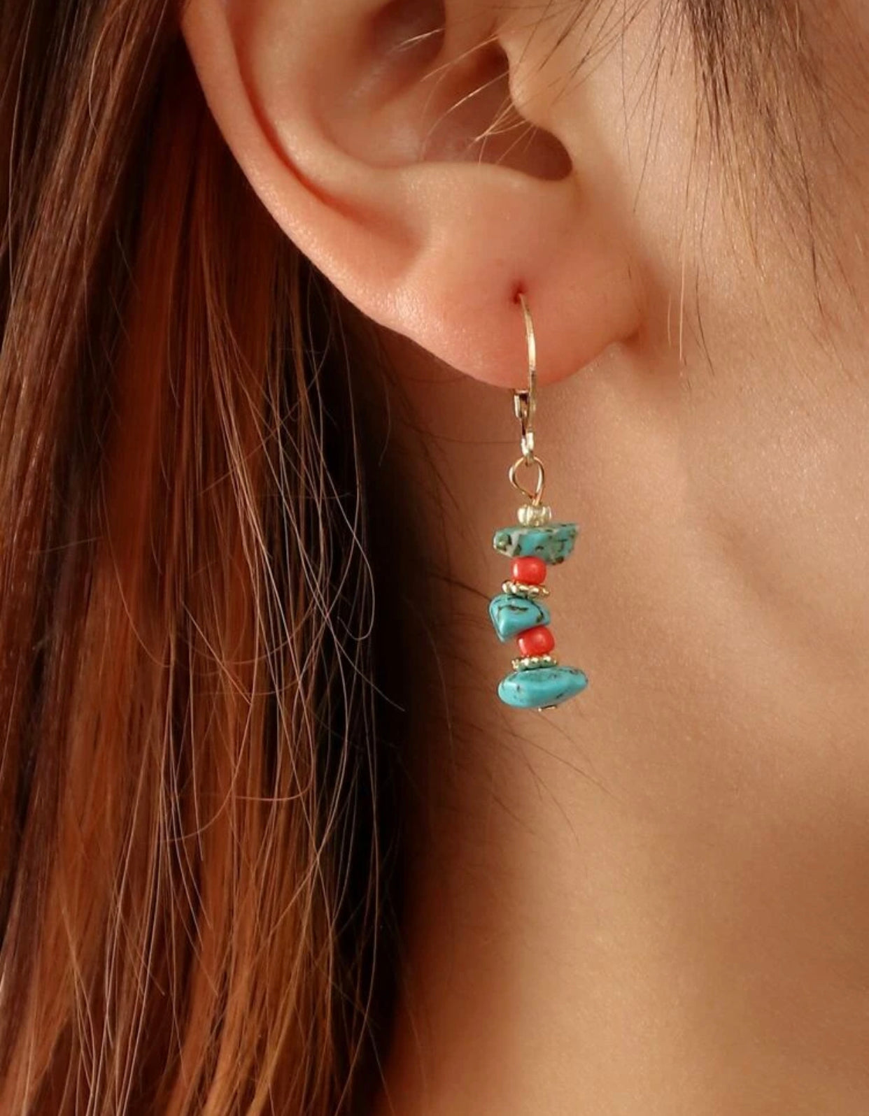Gold coated 925 sterling silver Stone & bead decor dangle earrings