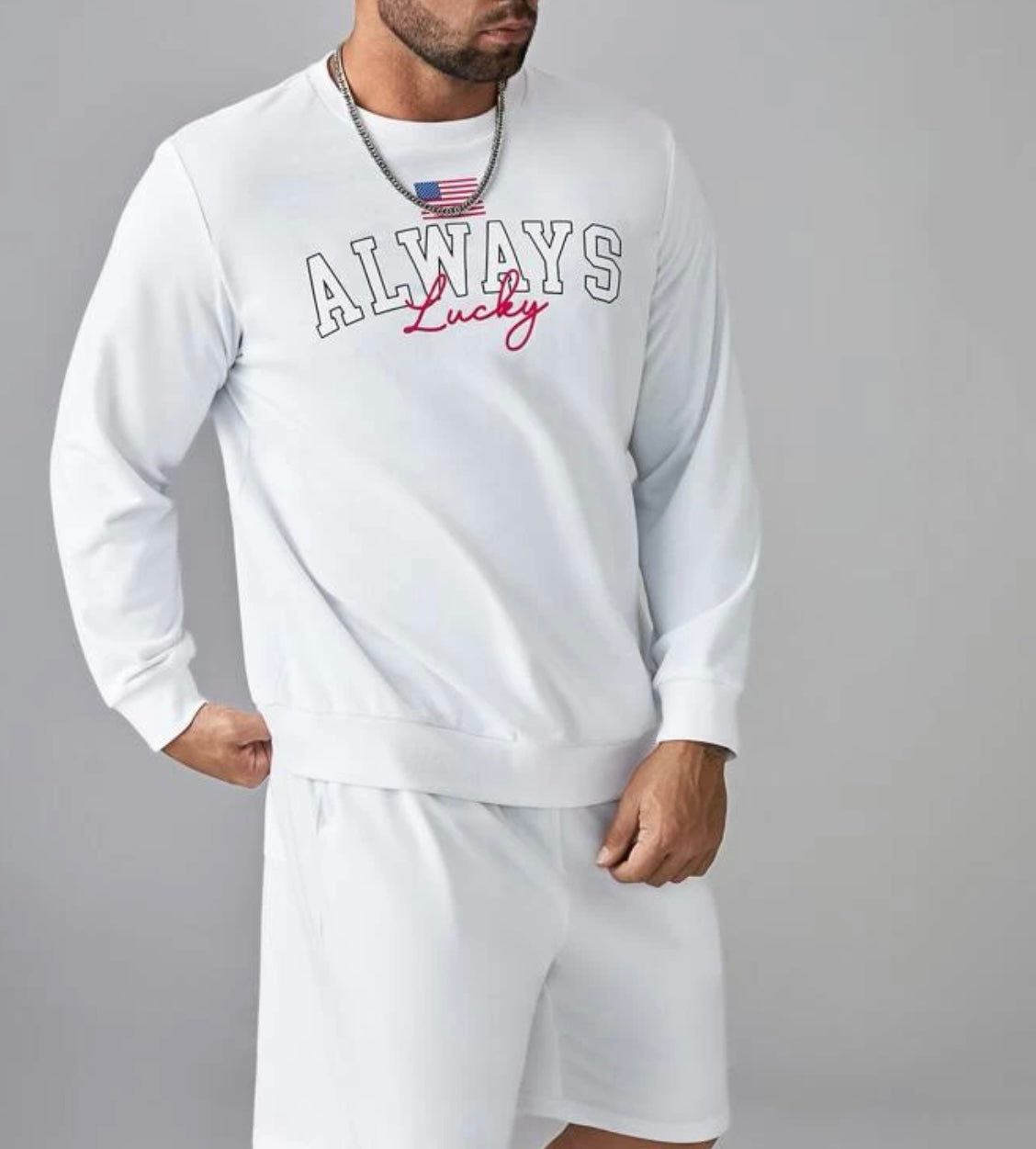 Extended sizes men letter & flag print sweatshirt & shorts set