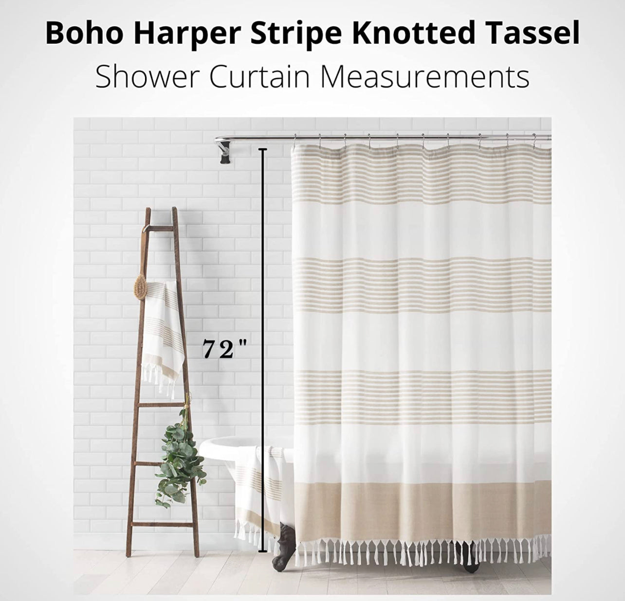 Boho Harper Stripe Knotted-Tassel Fabric Shower Curtain, 72 Inches by 72 Inches