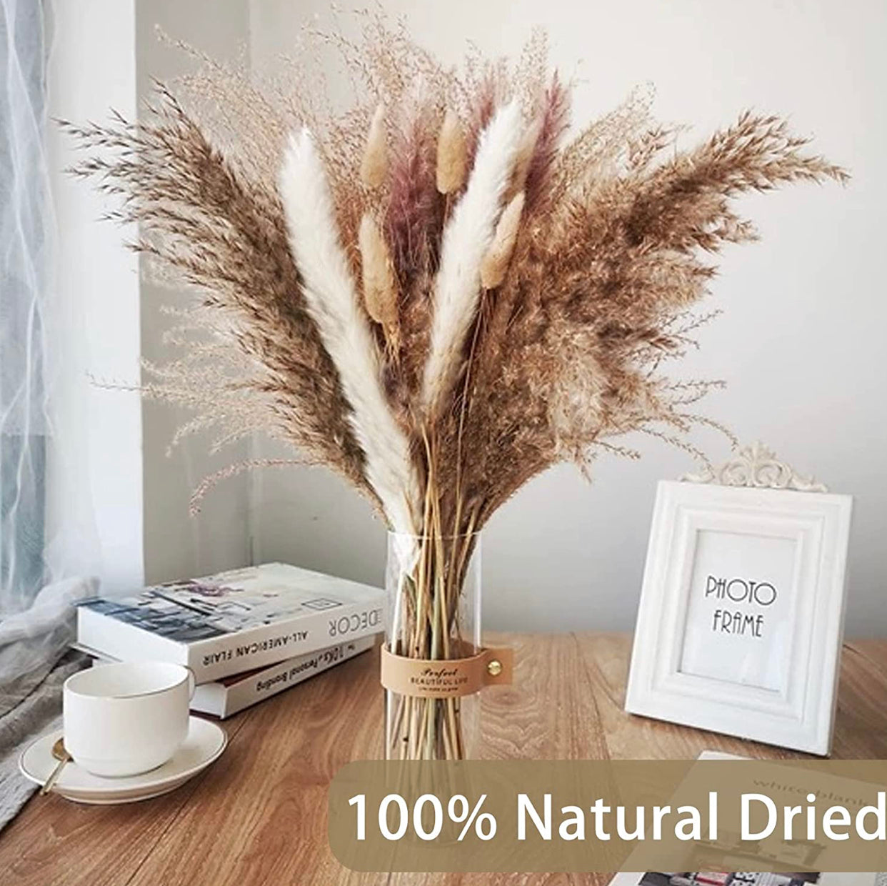 Pampas Grass, 130PCS Dried Pampas Grass Bunny Tail Grass Reed Boho Decor