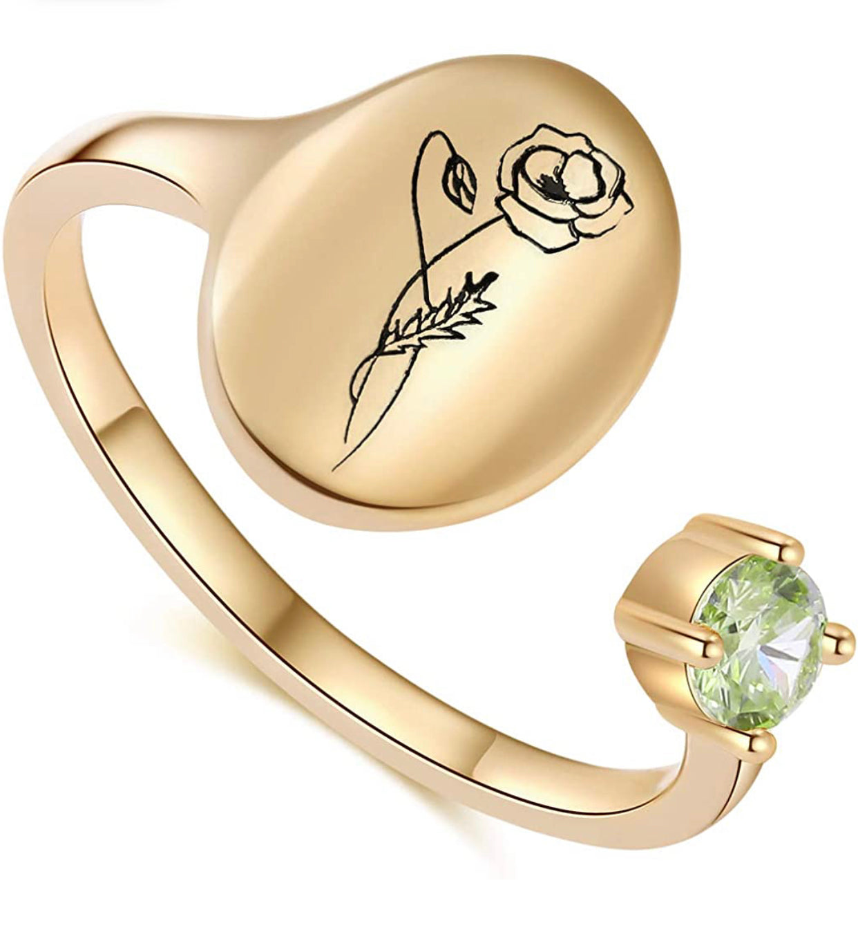 Handmade Birth Month Flower Signet 14K Gold Plated Ring Birth Stone Ring