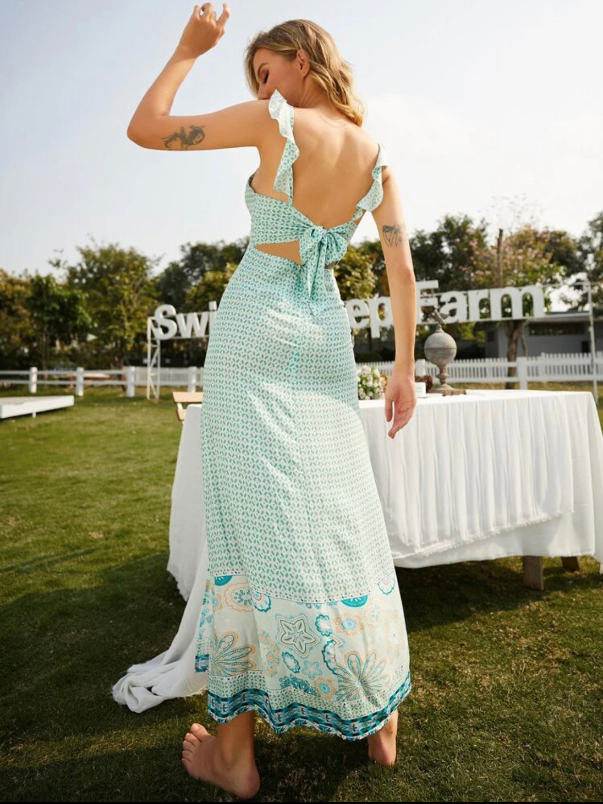 Mint green Tied backless split thigh geo & floral cami dress