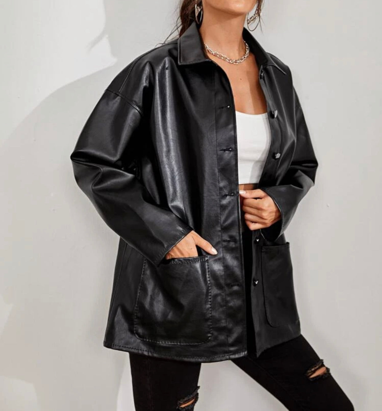 Button front drop shoulder PU leather coat