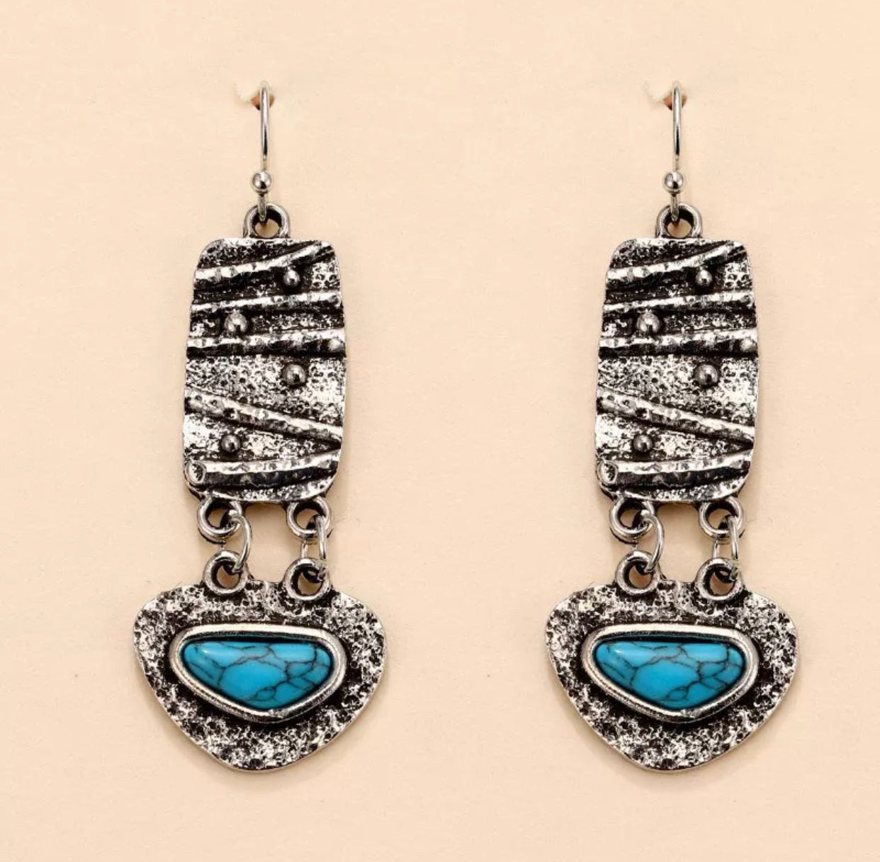 Triangle blue stone Tibetan inspired carved metal dangle earrings