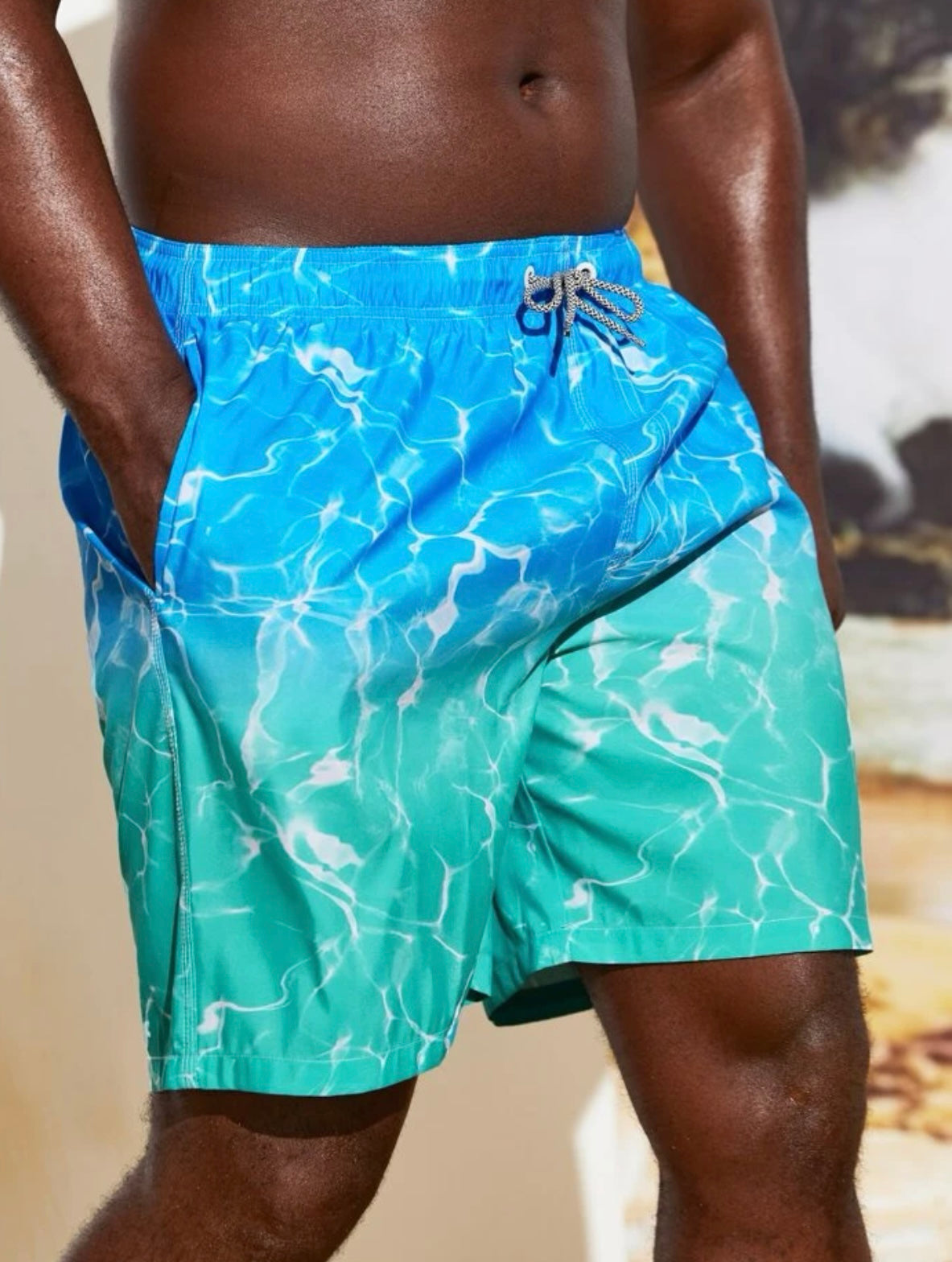 Extended sizes men ombre patch detail drawstring waist swim trunks