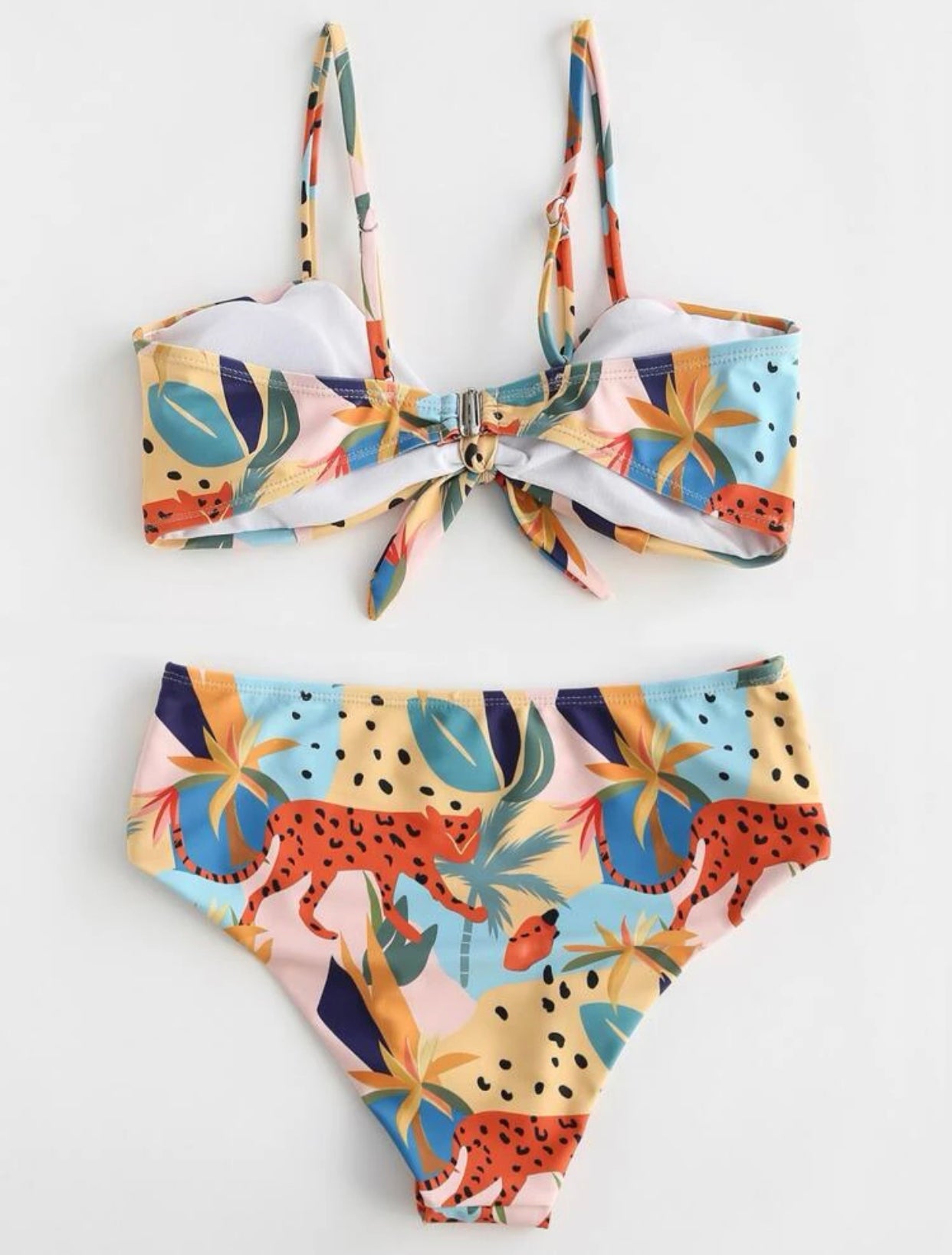 Plant & animal print knot front bikini swimsuit