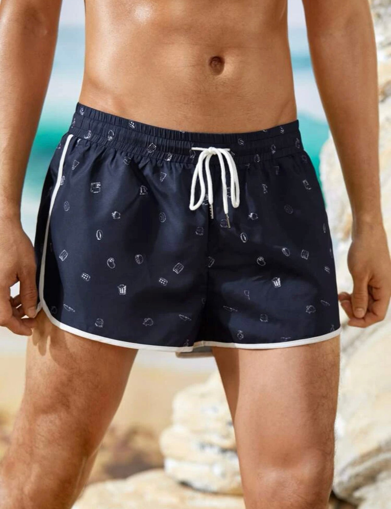 Men Cooker Print Drawstring Waist Swim Trunks