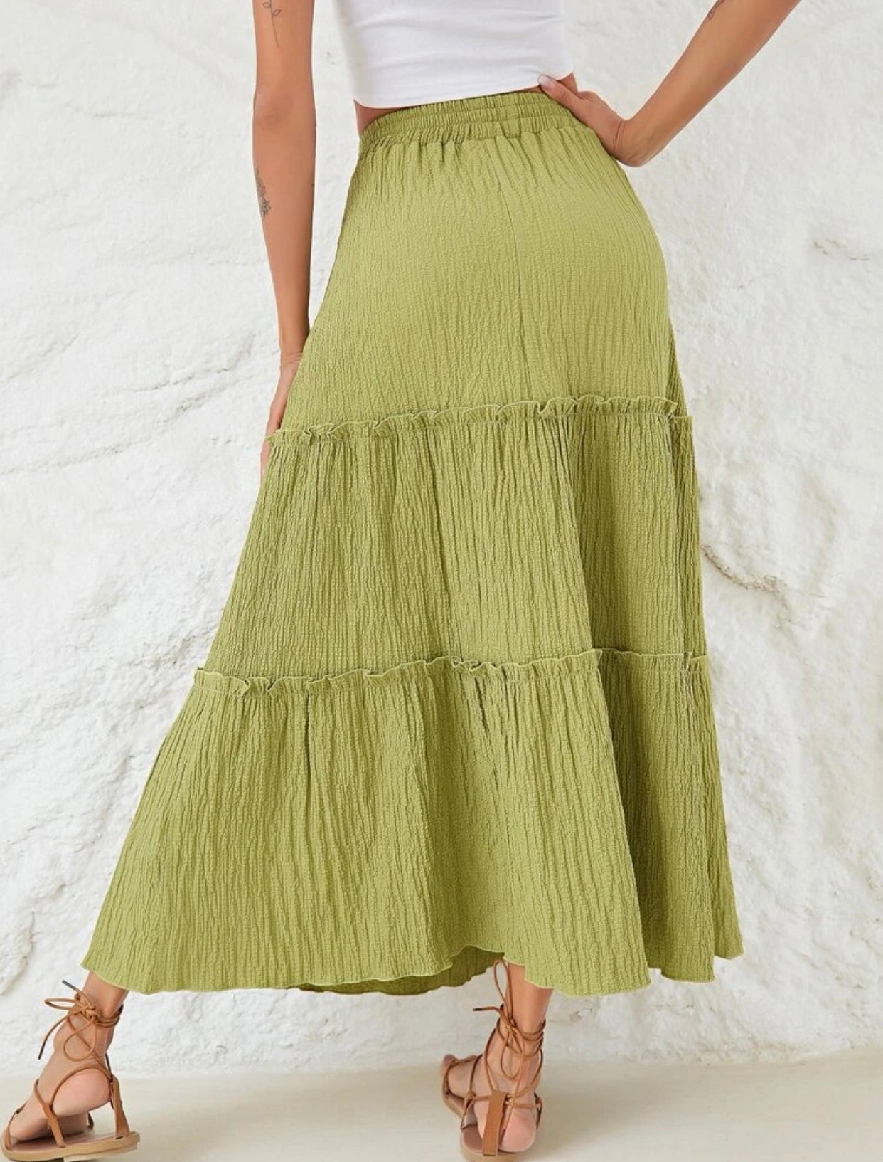 High waist drawstring shirred frill skirt