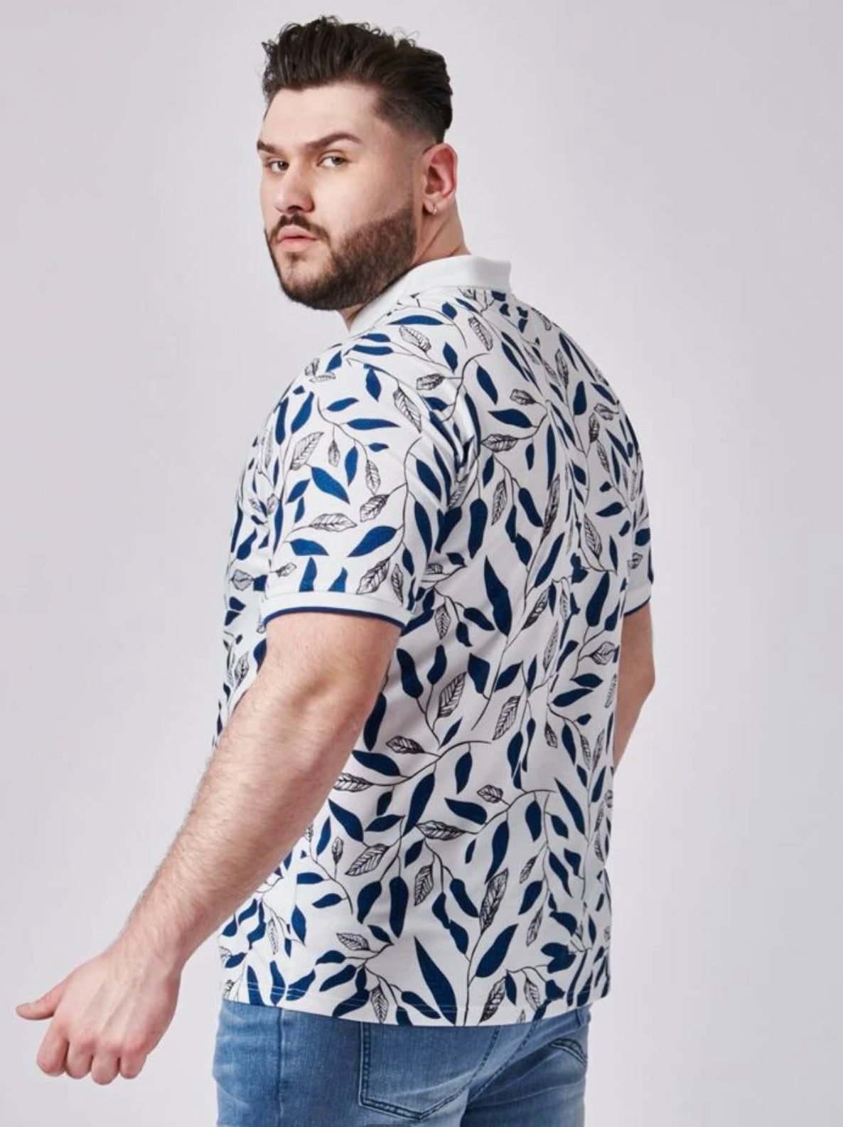 Extended sizes men botanical print polo shirt