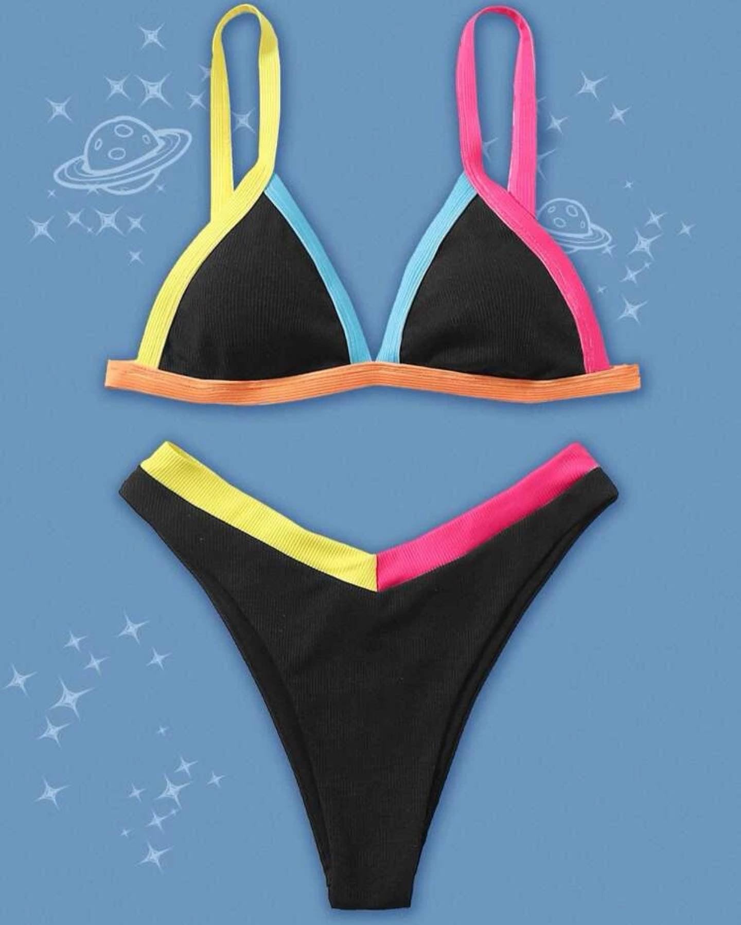 Contrast binding triangle high cut bikini swimsuit