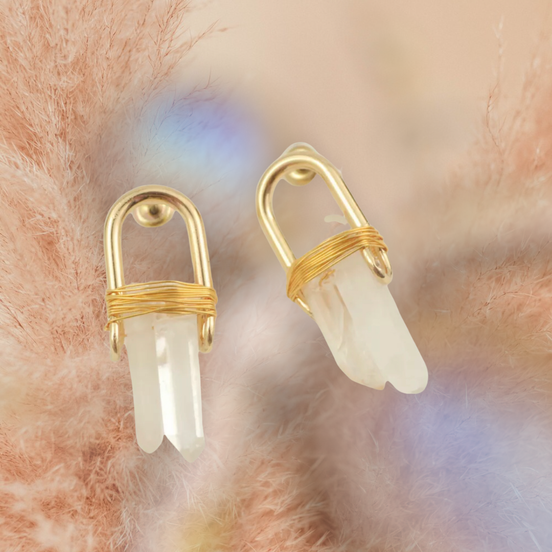 Women Trendy Handmade Copper Wrapped Statement Earrings. Natural Quartz Stud Earring