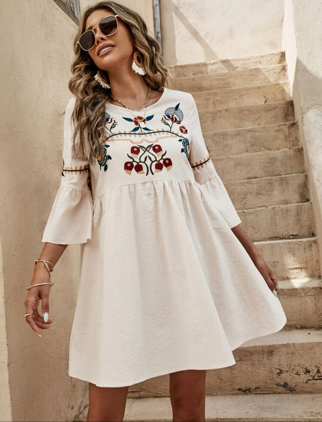 Floral embroidered trumpet sleeve smock dress