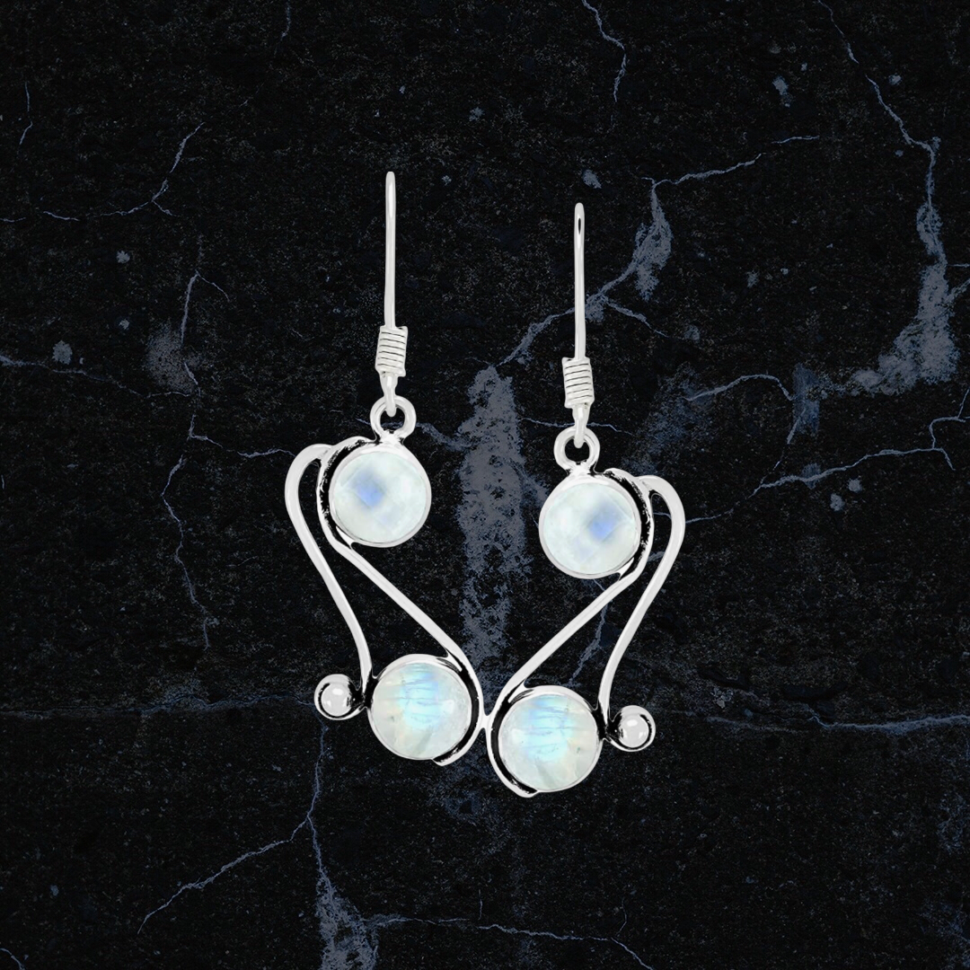 Natural Moonstone 8mm Round Shape Gemstones 925 Silver Overlay handmade Dangle Earrings