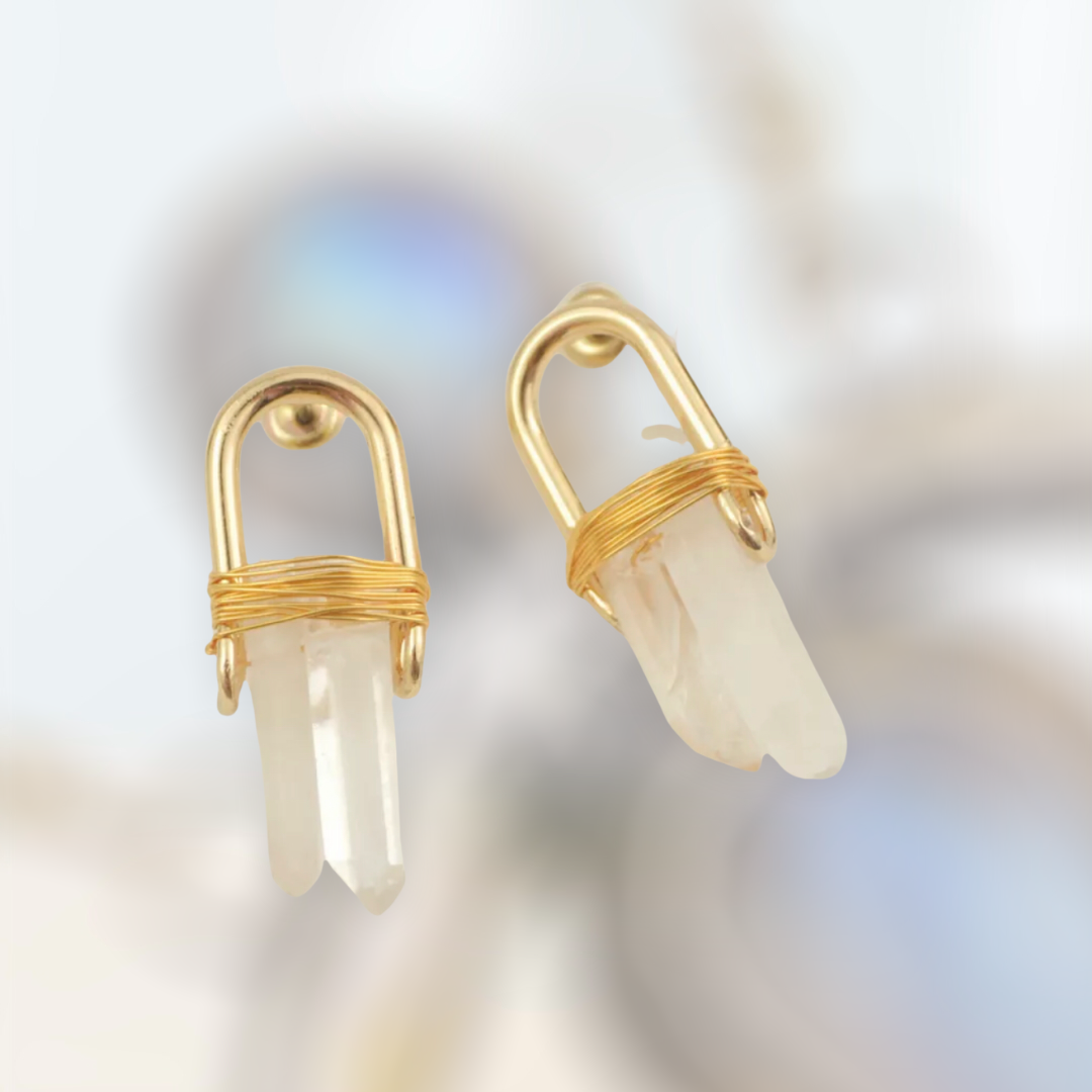 Women Trendy Handmade Copper Wrapped Statement Earrings. Natural Quartz Stud Earring