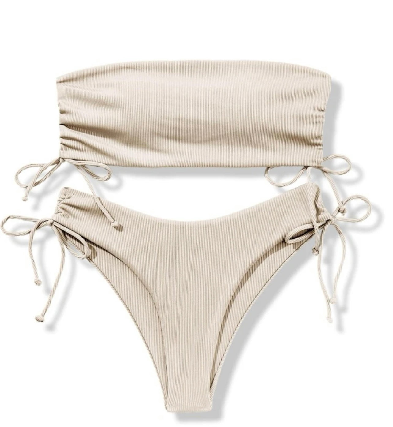 Rib drawstring side bandeau bikini swimsuit
