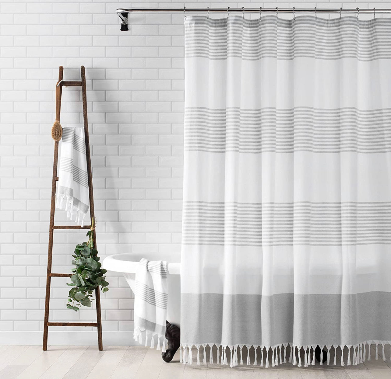 Boho Harper Stripe Knotted-Tassel Fabric Shower Curtain, 72 Inches by 72 Inches