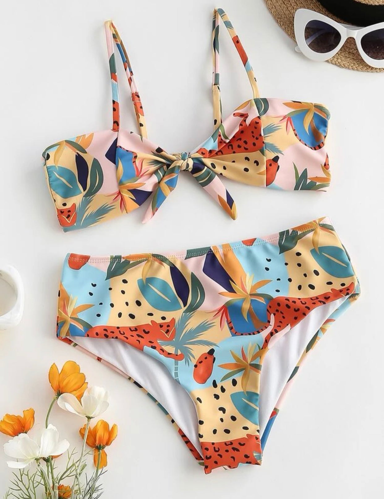 Plant & animal print knot front bikini swimsuit
