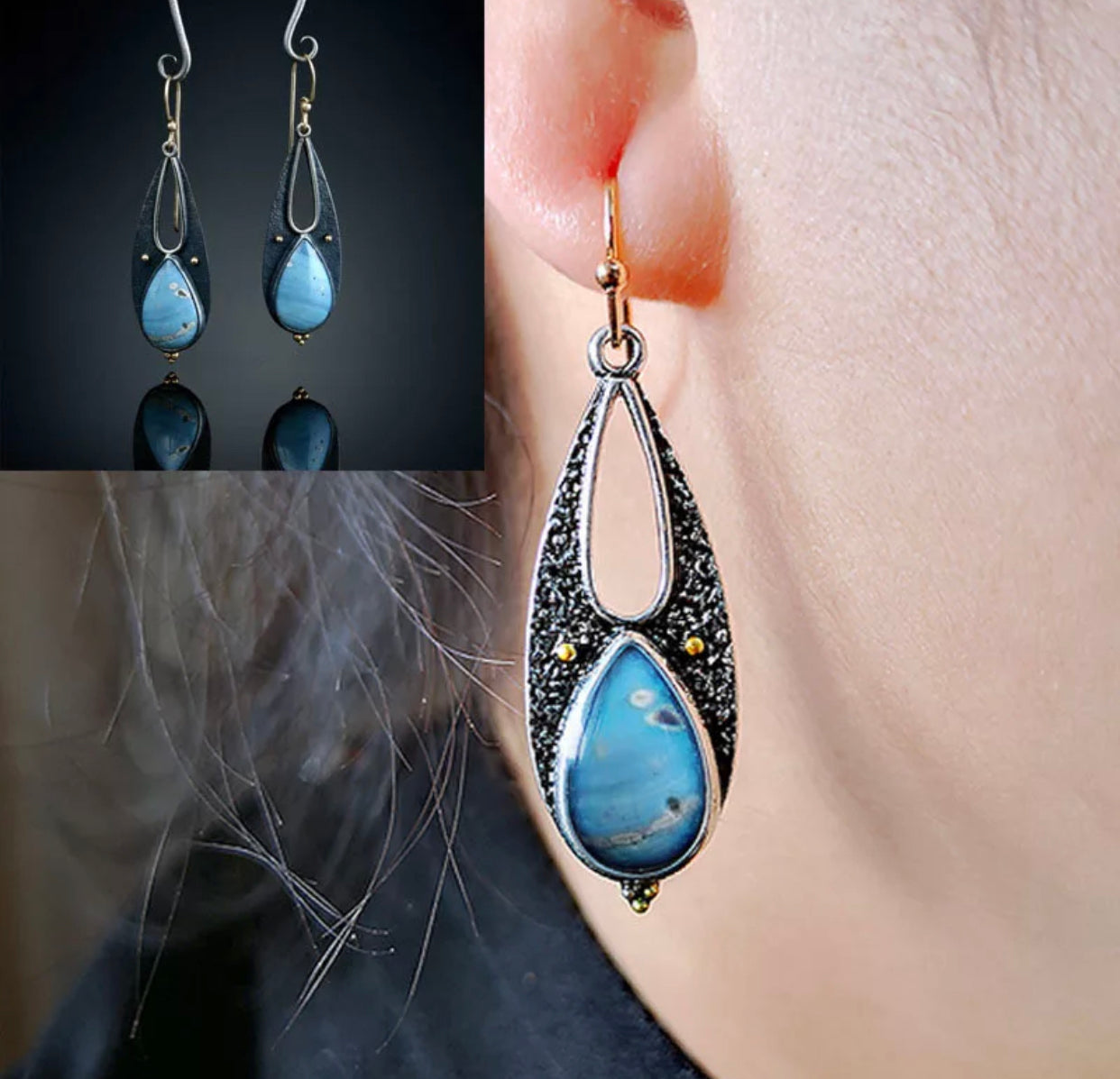 Vintage Tear Drop Blue Resin Earrings