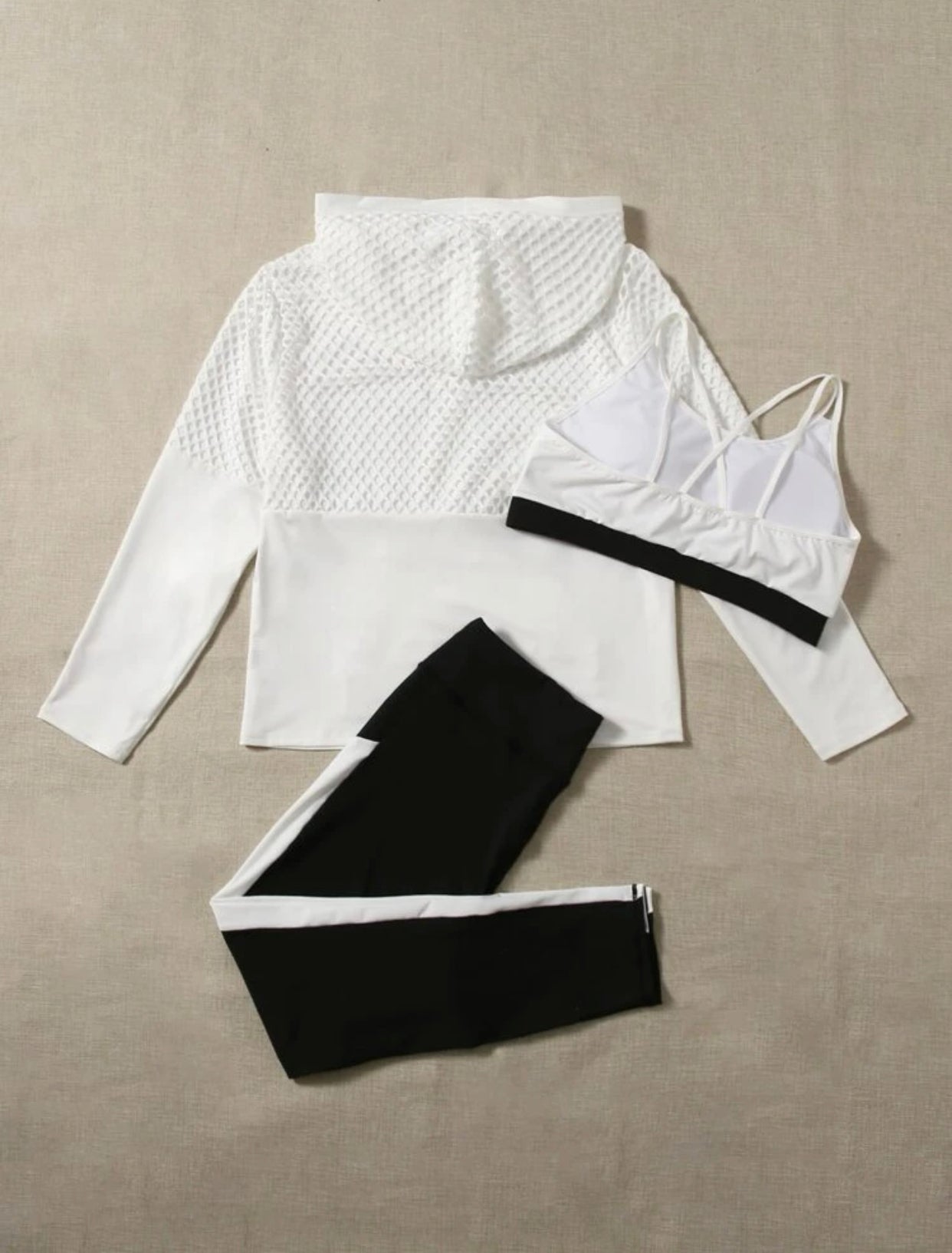 Curve and plus 3 piece lightweight contrast panel hollow out half zipper hooded sports set