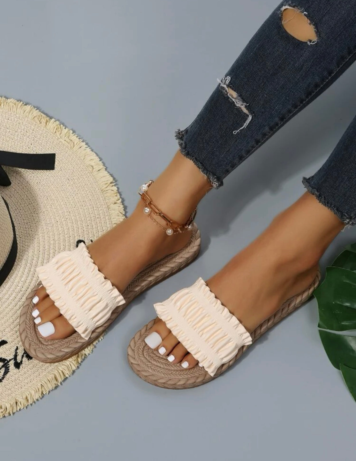 Ruched frill trim single band slide sandals