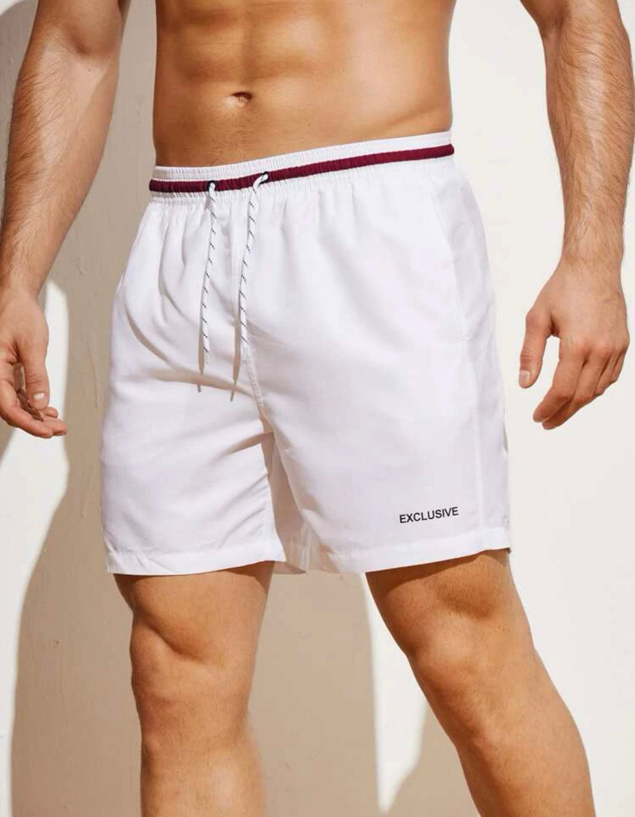 Men’s letter graphic striped trim drawstring waist swim trunks