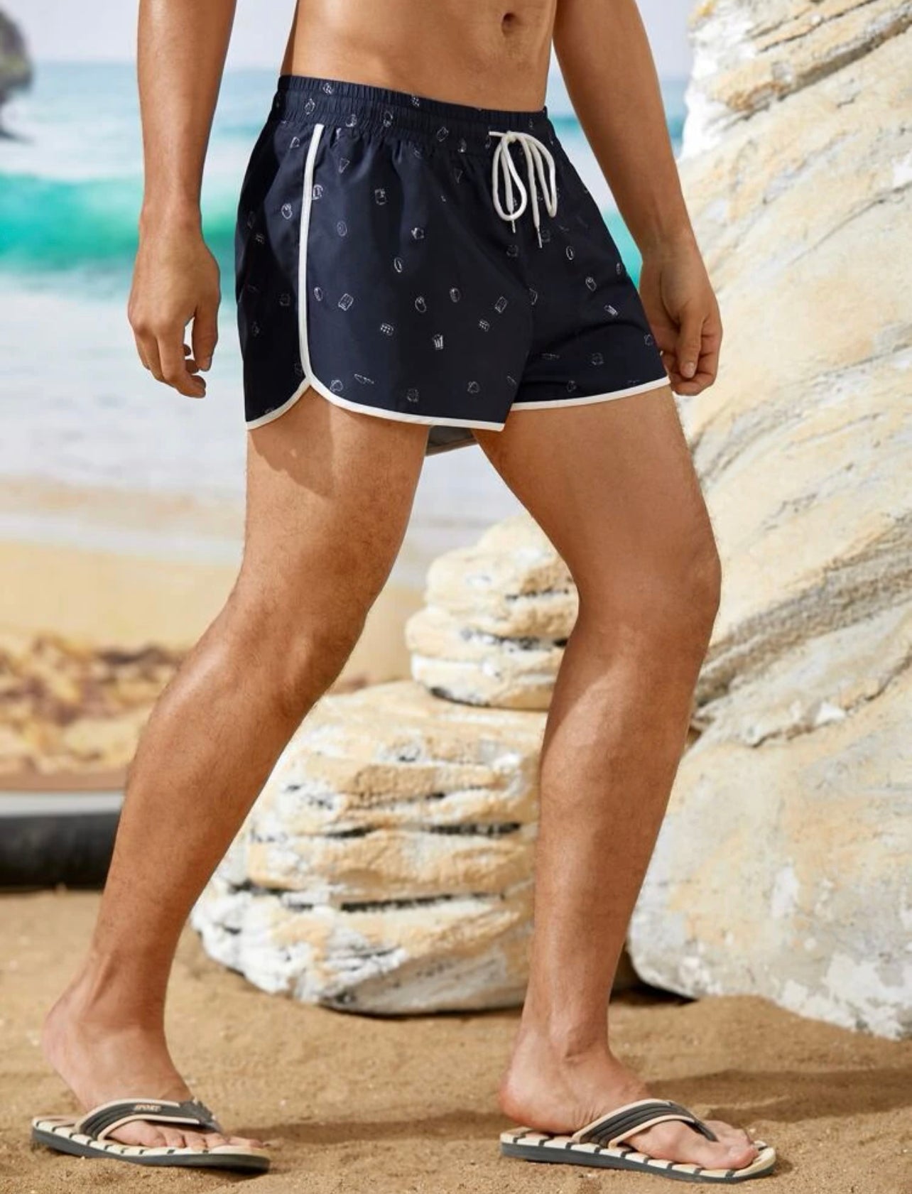 Men Cooker Print Drawstring Waist Swim Trunks