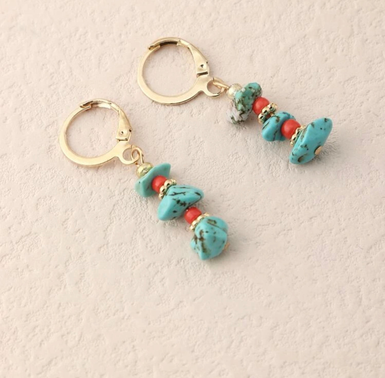 Gold coated 925 sterling silver Stone & bead decor dangle earrings