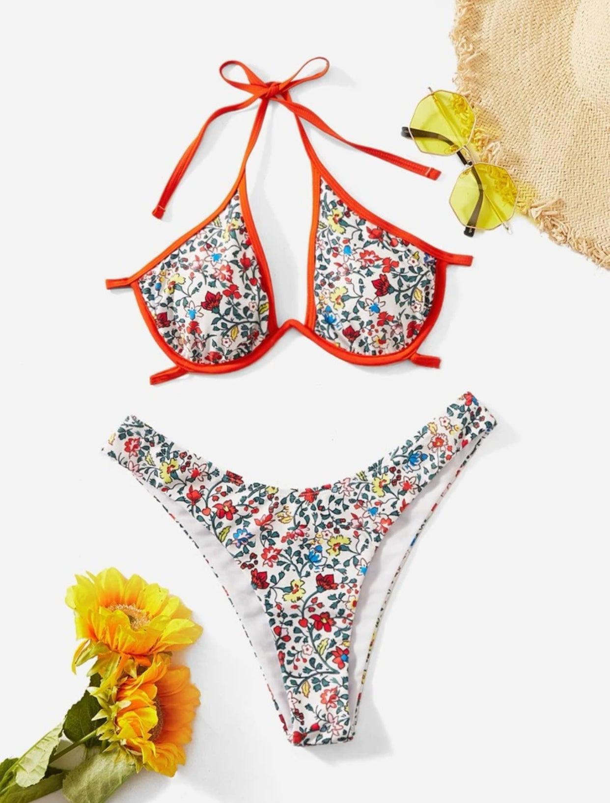 Floral binding trim push up bikini swimsuit