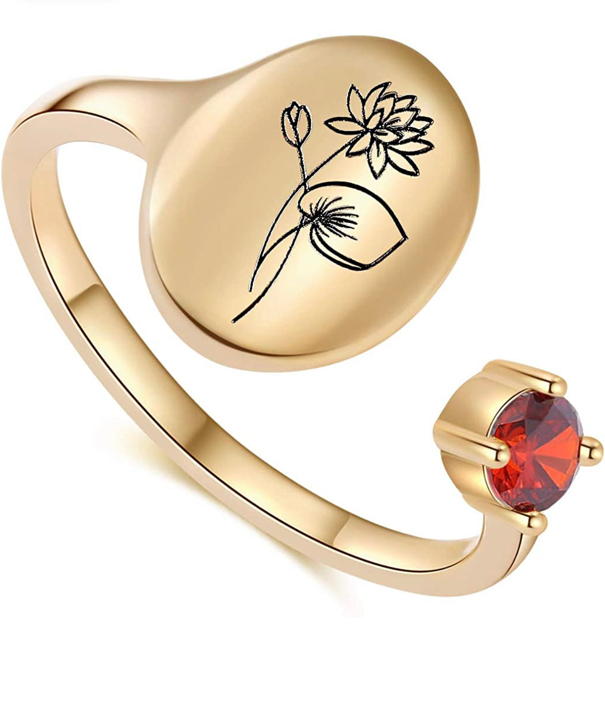 Handmade Birth Month Flower Signet 14K Gold Plated Ring Birth Stone Ring