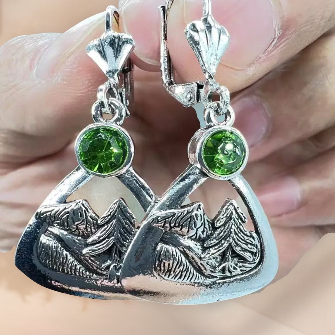 Mountain peak illustration earring With Green Tourmaline, Silver color, Leverback dangle