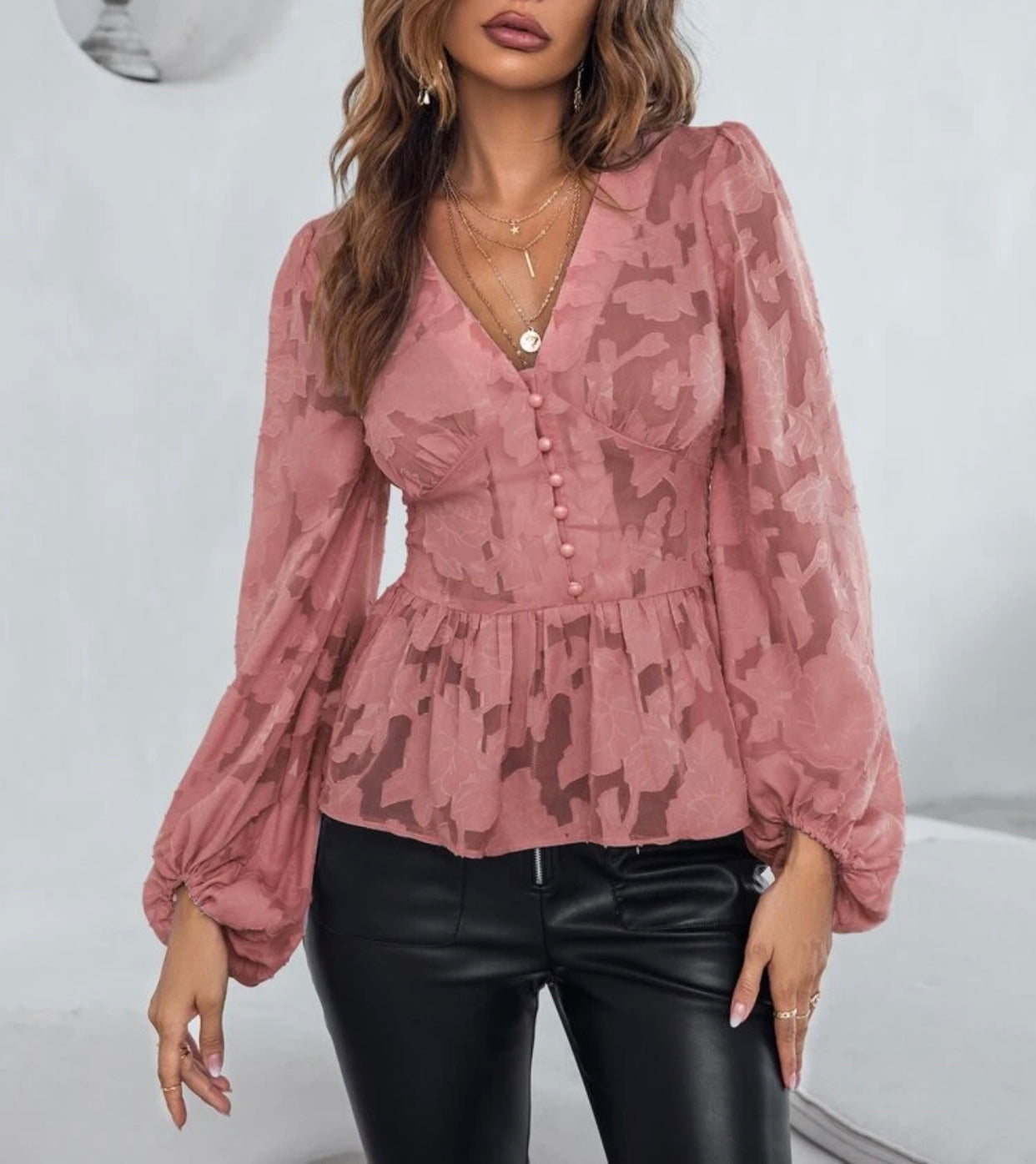 Women’s Redwood chiffon bishop sleeve peplum blouse