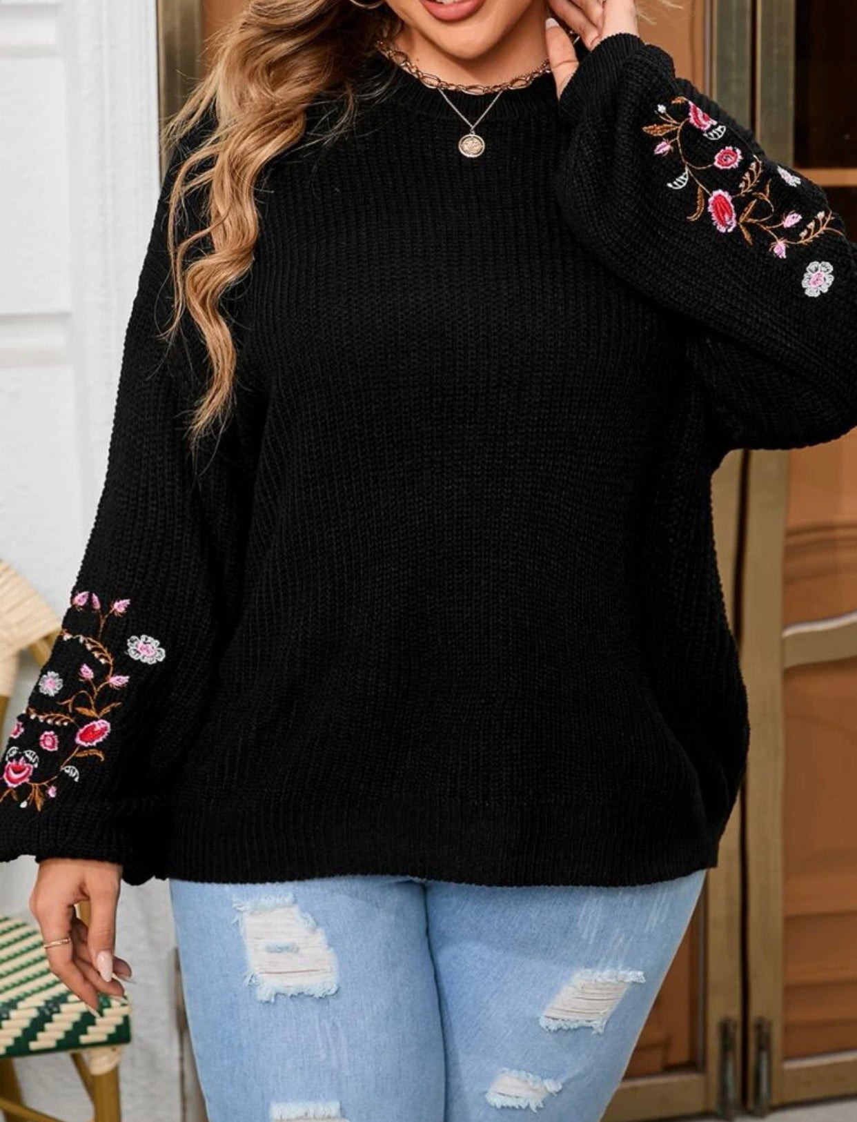 Curve & plus floral embroidered drop shoulder sweater