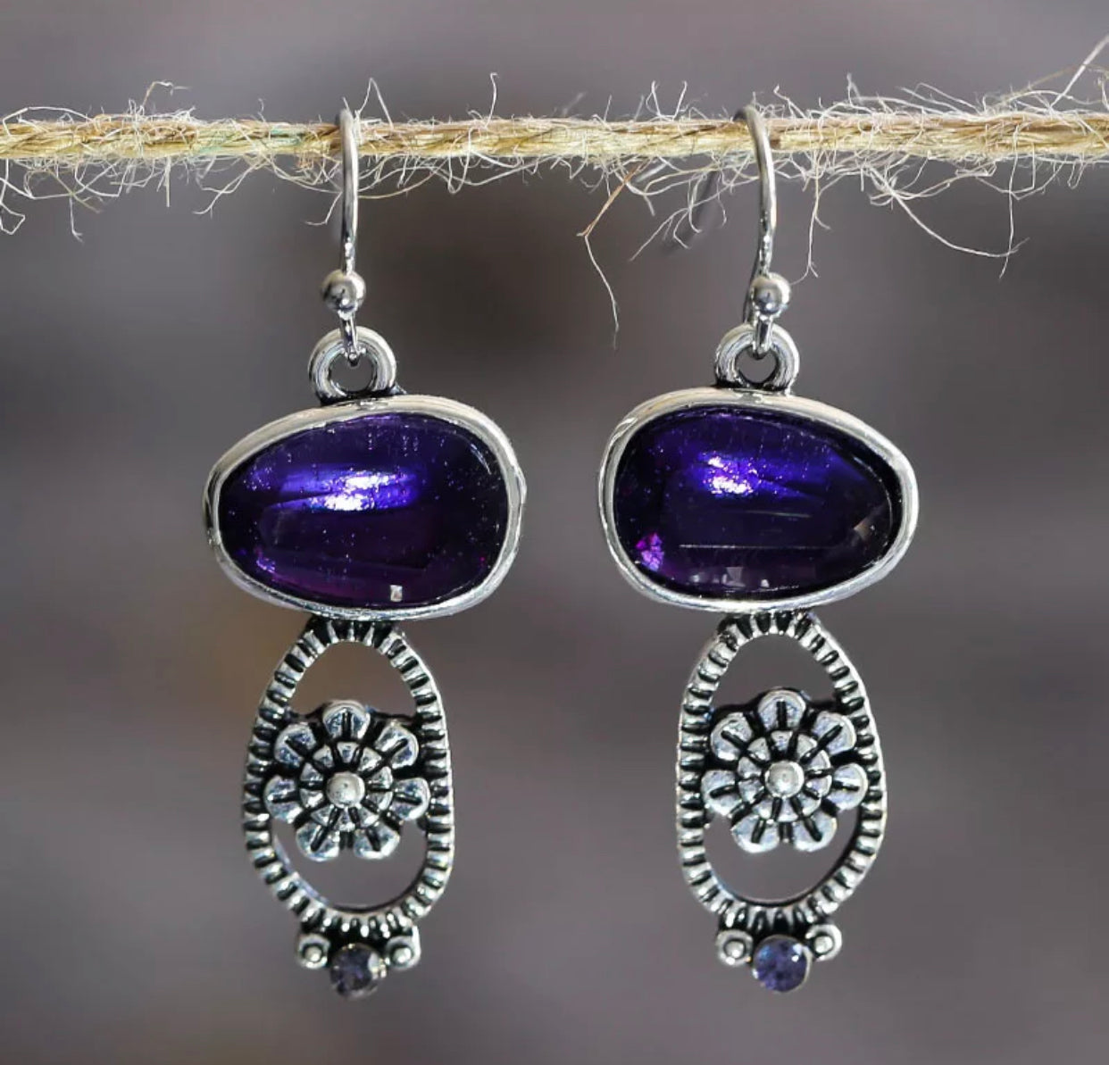 Boho 925 silver plated purple amethyst floral design dangle earrings