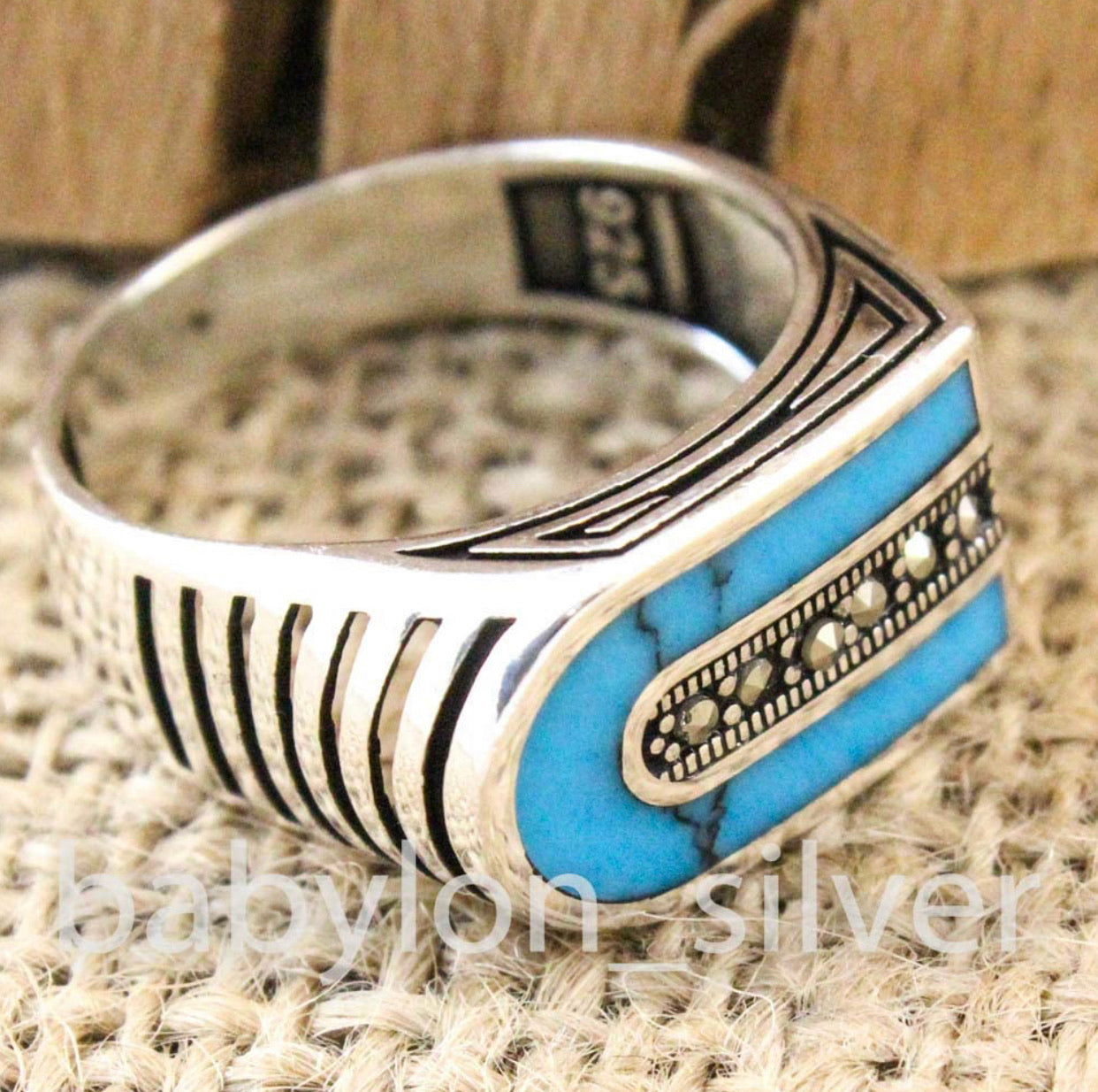 Solid 925 Sterling Silver Turkish Handmade Marcasite & Simulated Turquoise Luxury Men's Ring - Christina’s unique boutique LLC