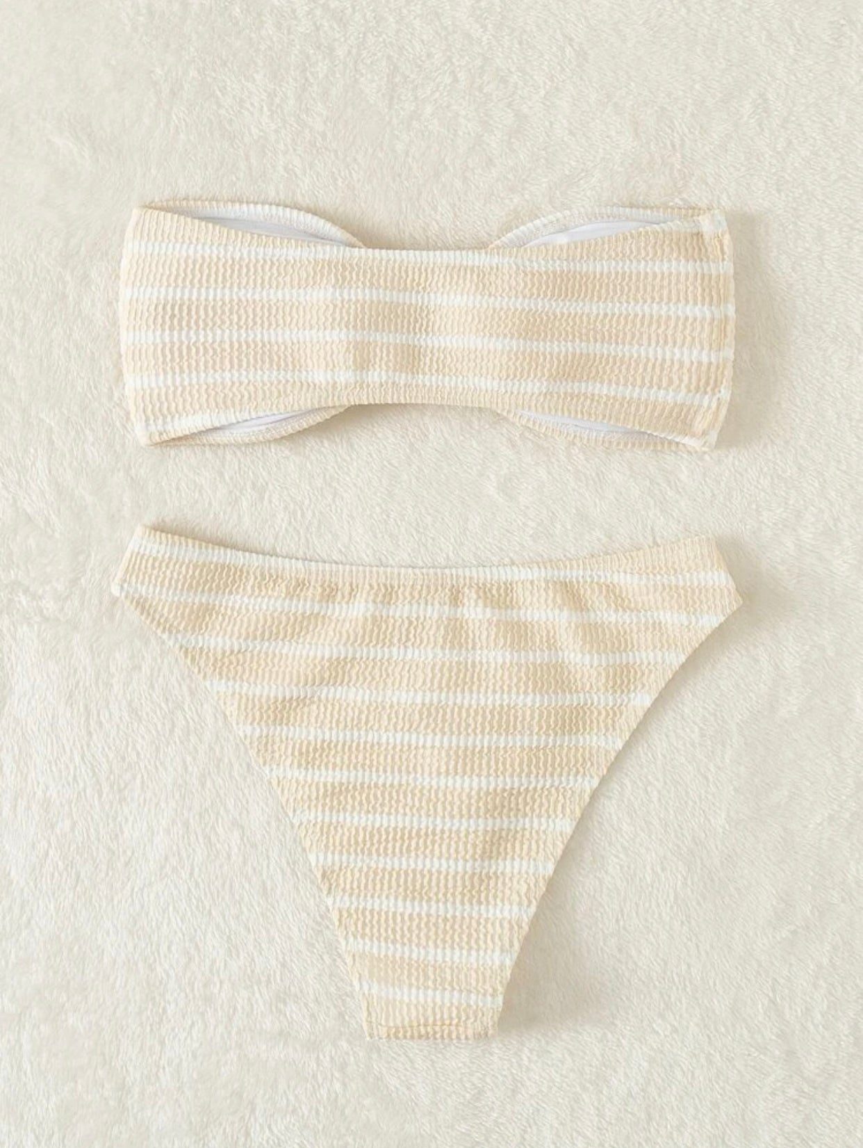 Khaki striped textured bandeau bikini swimsuit