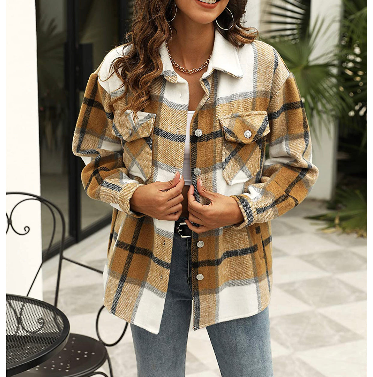 Womens Plaid Shacket Button Down Wool Blend Fall Flannel Shirt Jacket