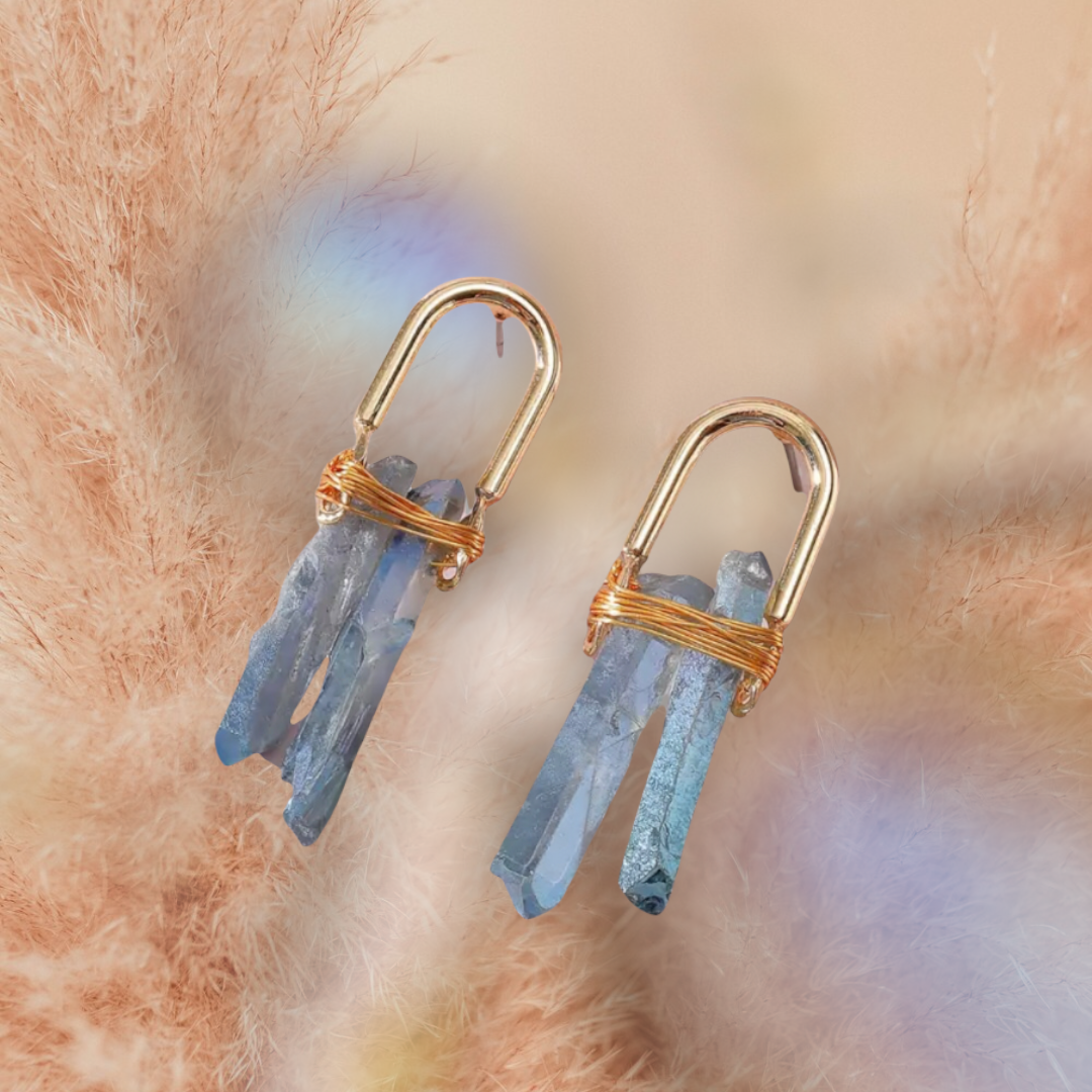 Women Trendy Handmade Copper Wrapped Statement Earrings with Blue Stone