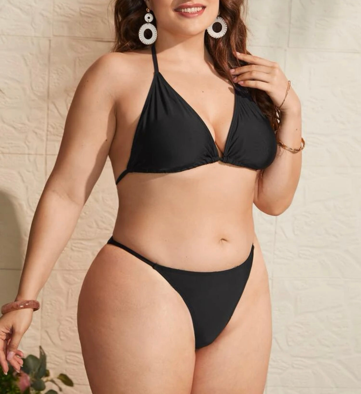 Curve and plus halter triangle bikini swimsuit with beach skirt