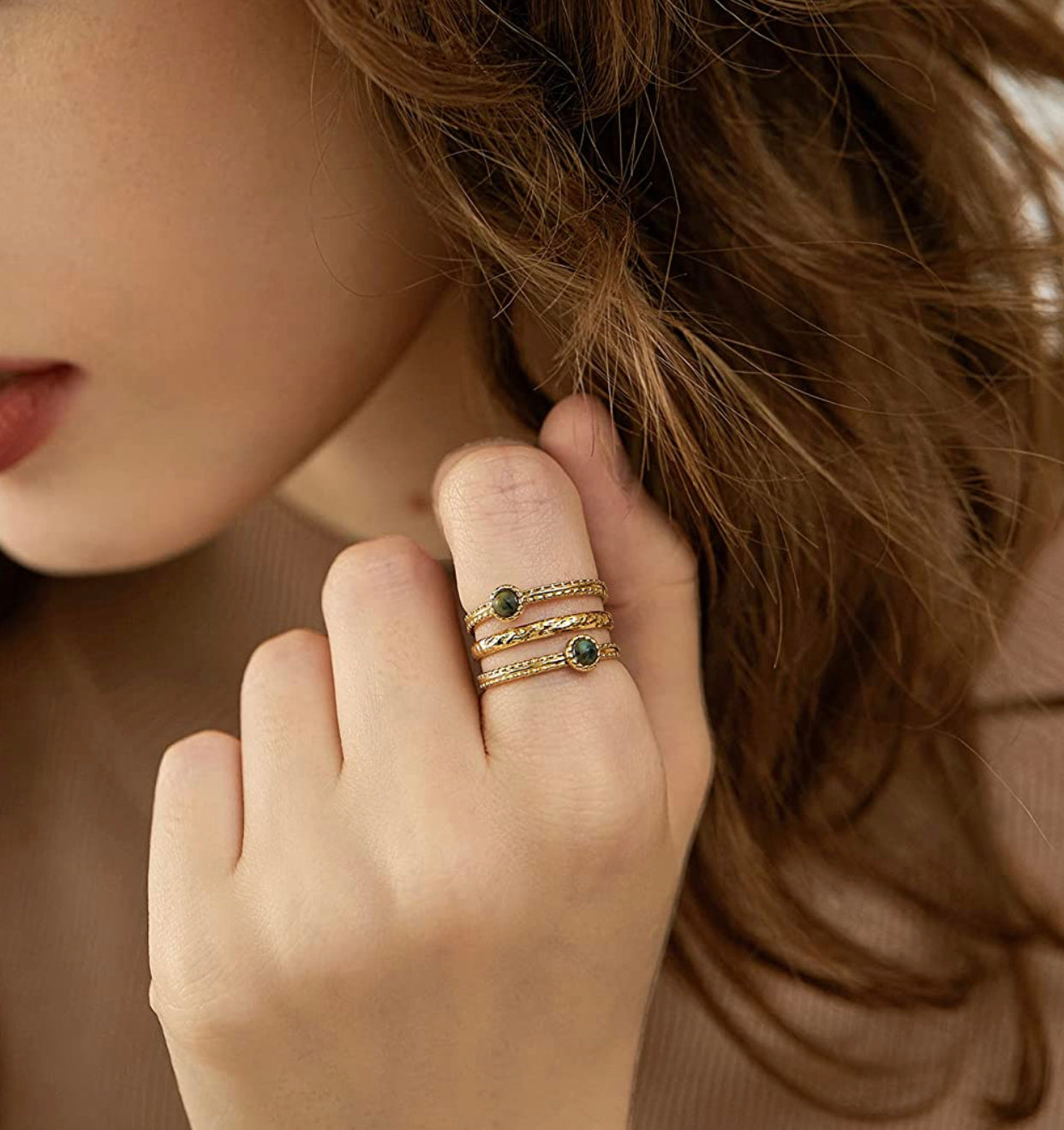 Gold Rings 14K Gold Plated Stackable Trendy Rings with Turquoise