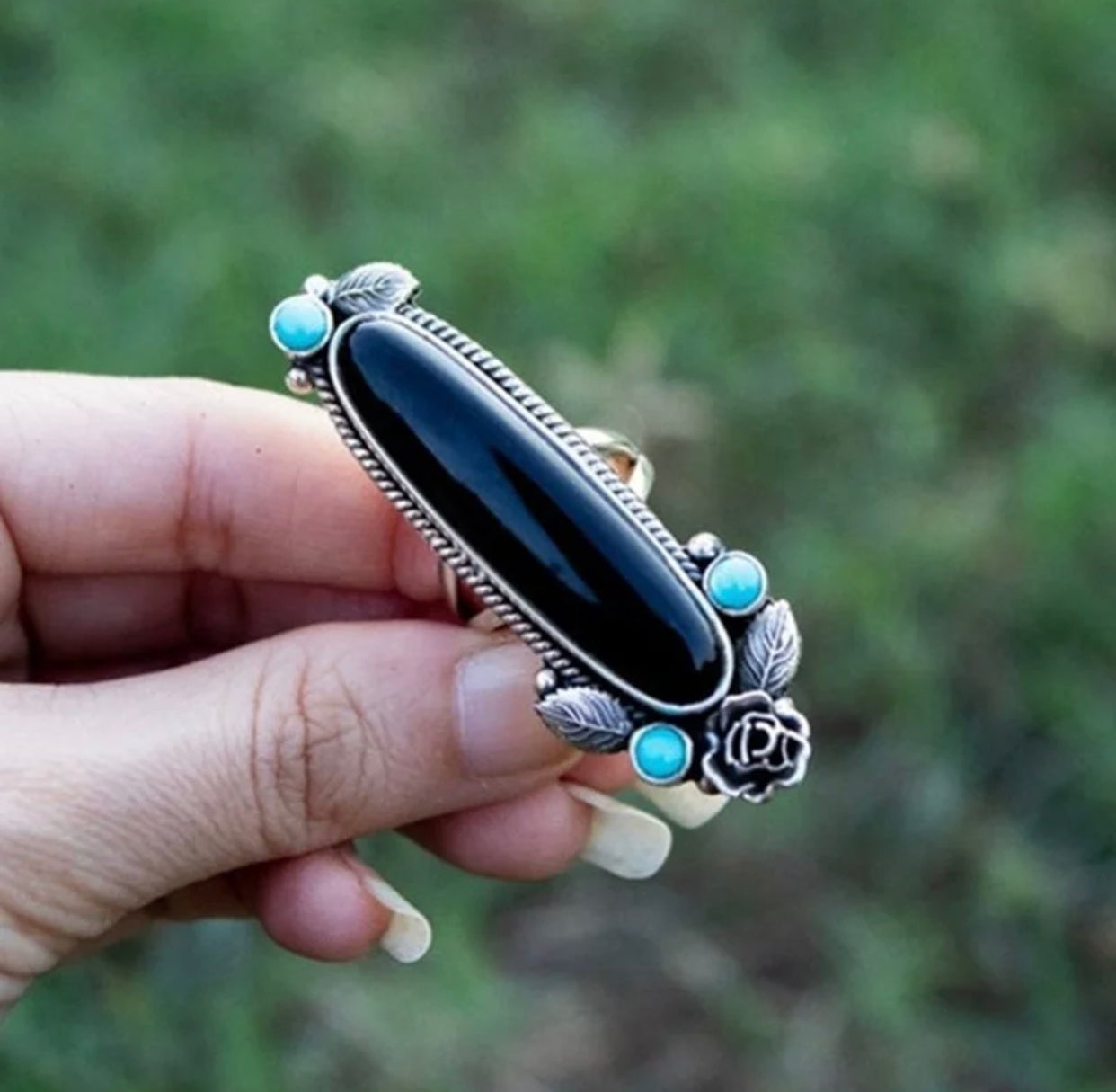 Boho Black Onyx inspired floral accent statement ring. Size 7.