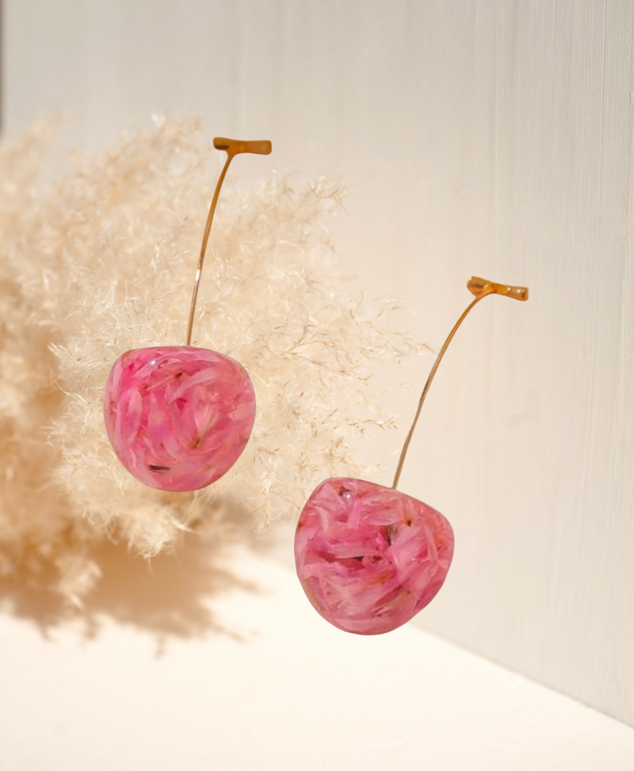 Pink cherry fruit design stud earrings