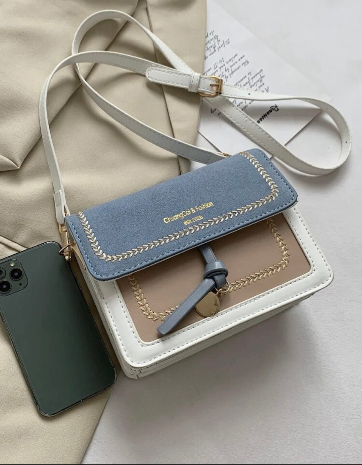 Mini color block stitch detail flap crossbody bag