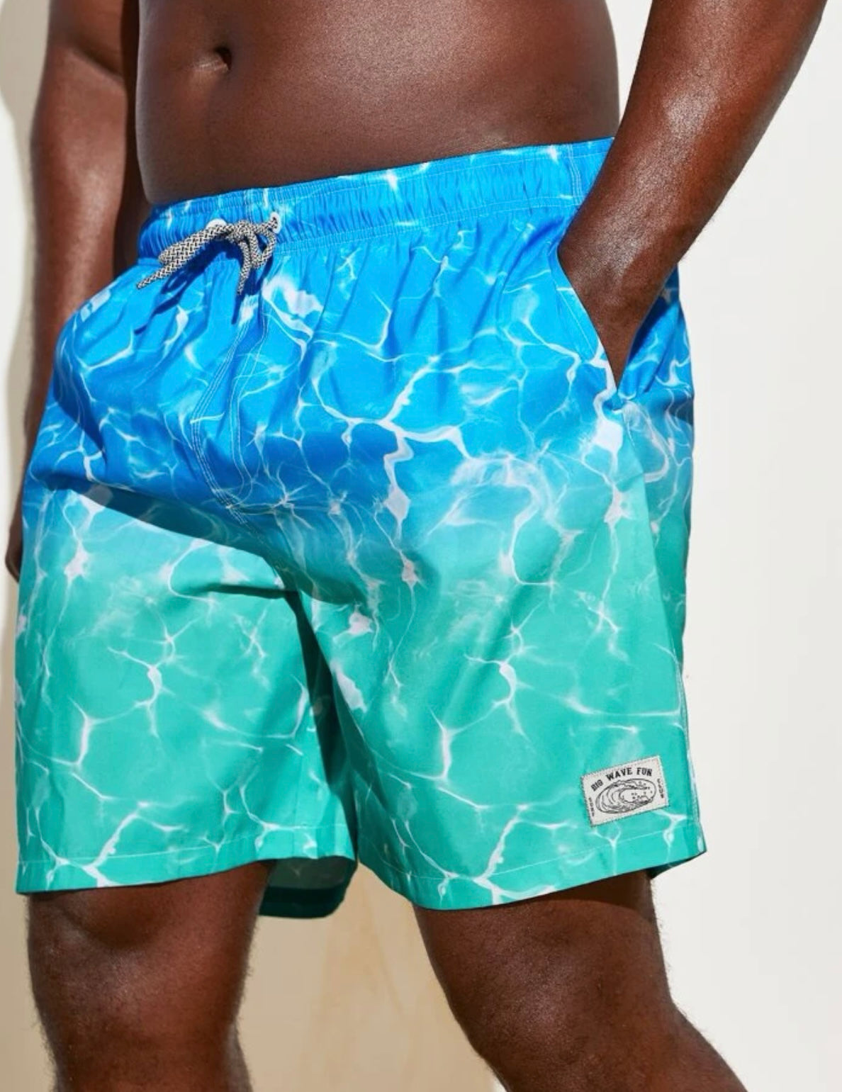 Extended sizes men ombre patch detail drawstring waist swim trunks