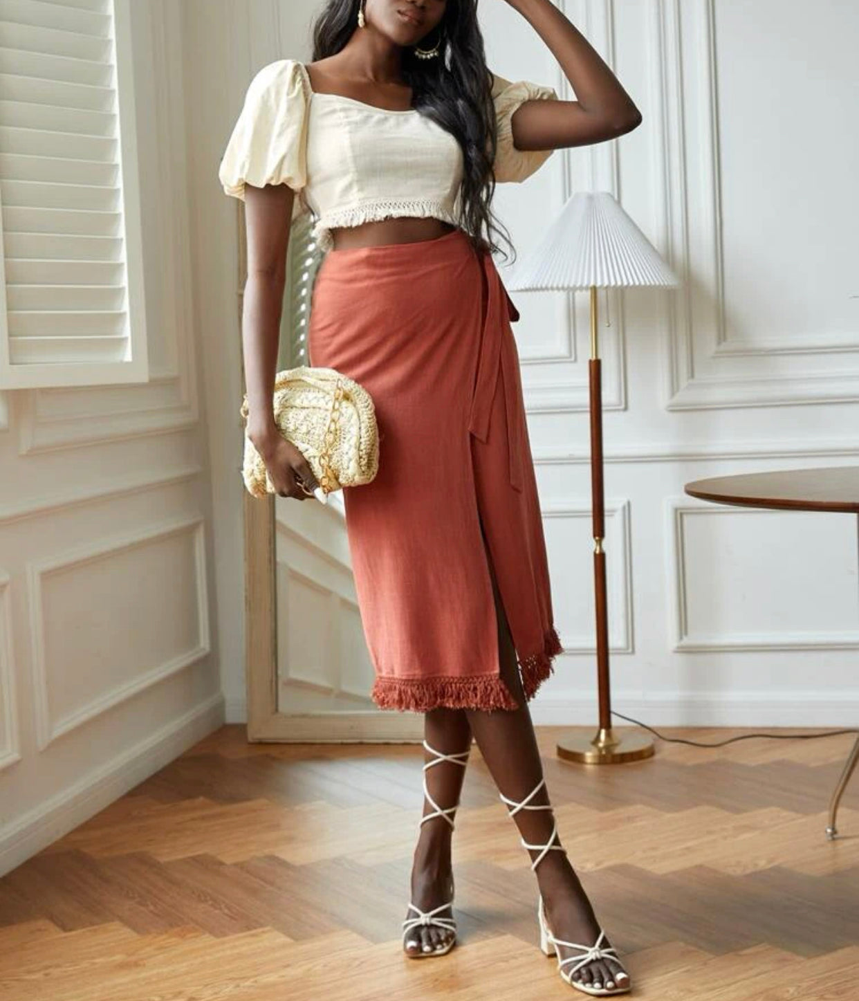 Puff sleeve lace up back tassel hem blouse
