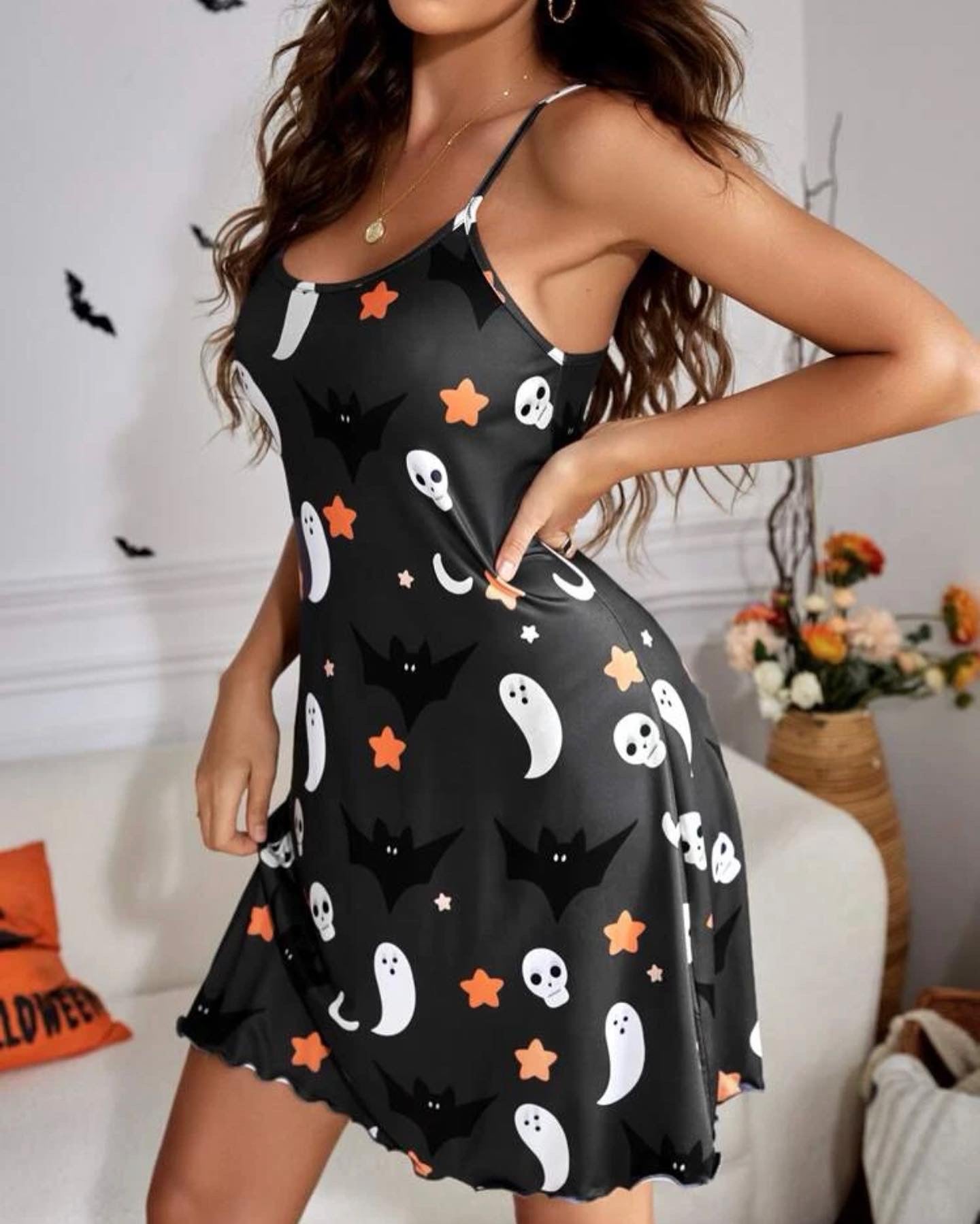 Halloween bat & skull print lettuce trim cami nightdress