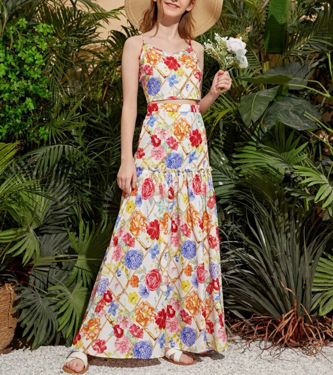 Teen Girls Floral Print Cami Top & Frill Trim Pleated Skirt