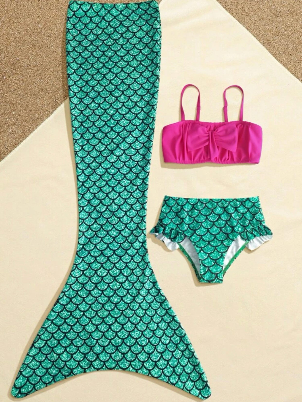 Girls fish scales frill trim bikini swimsuit with mermaid tail cover up